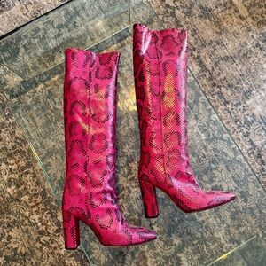 PARIS TEXAS Fuchsia Pink Snakeskin Print Tall Boots
